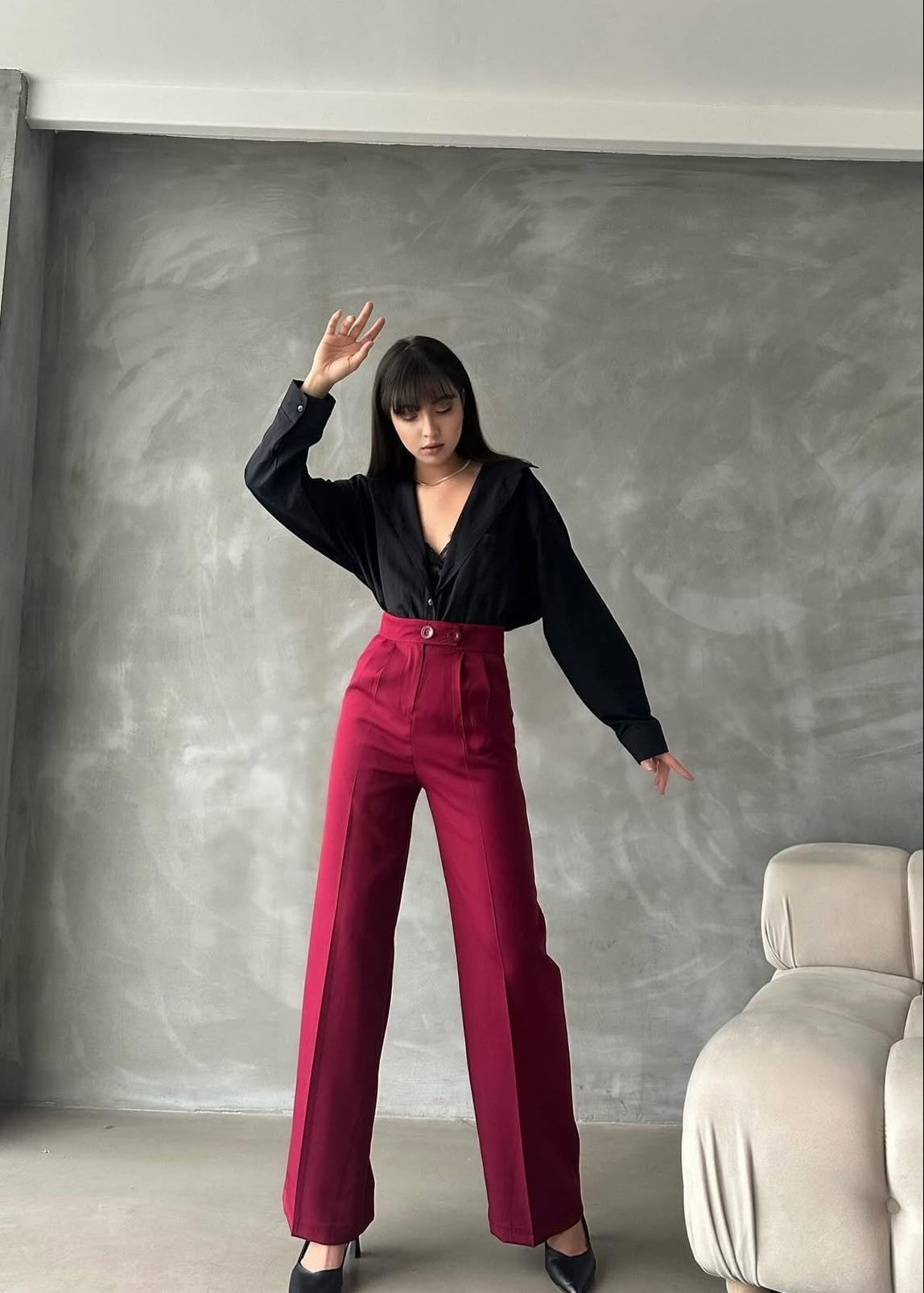 Pantalon Palazzo Taille Haute élégant - Rouge Bordeaux