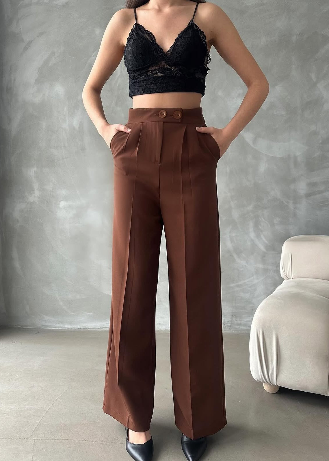 Pantalon Palazzo Taille Haute élégant - Marron chocolat