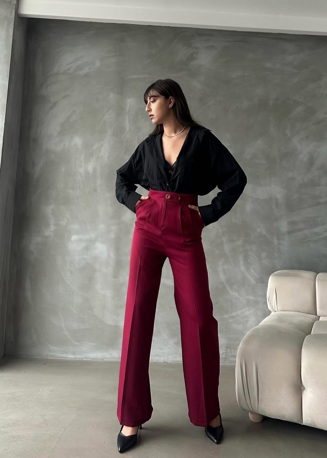 Pantalon Palazzo Taille Haute élégant - Rouge Bordeaux