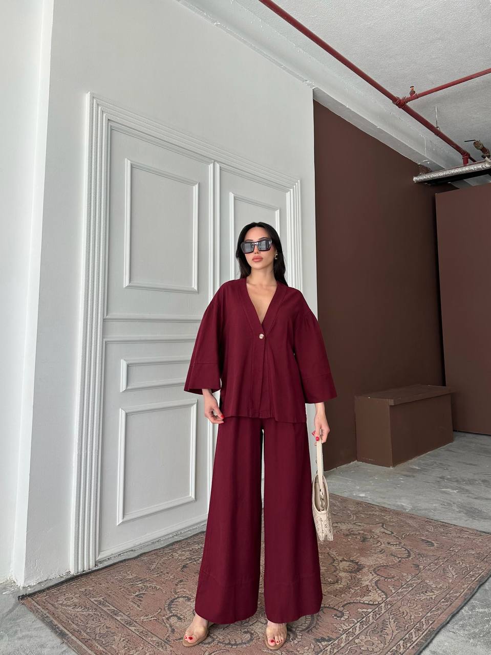 Ensemble Kimono / Pantalon Large - Rouge Bordeaux