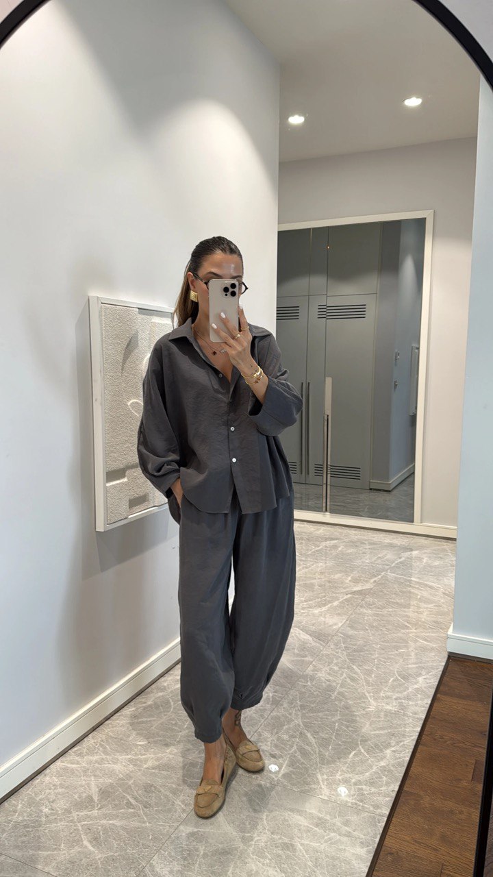 Ensemble Chemise Oversize, Pantalon Ample - Greige