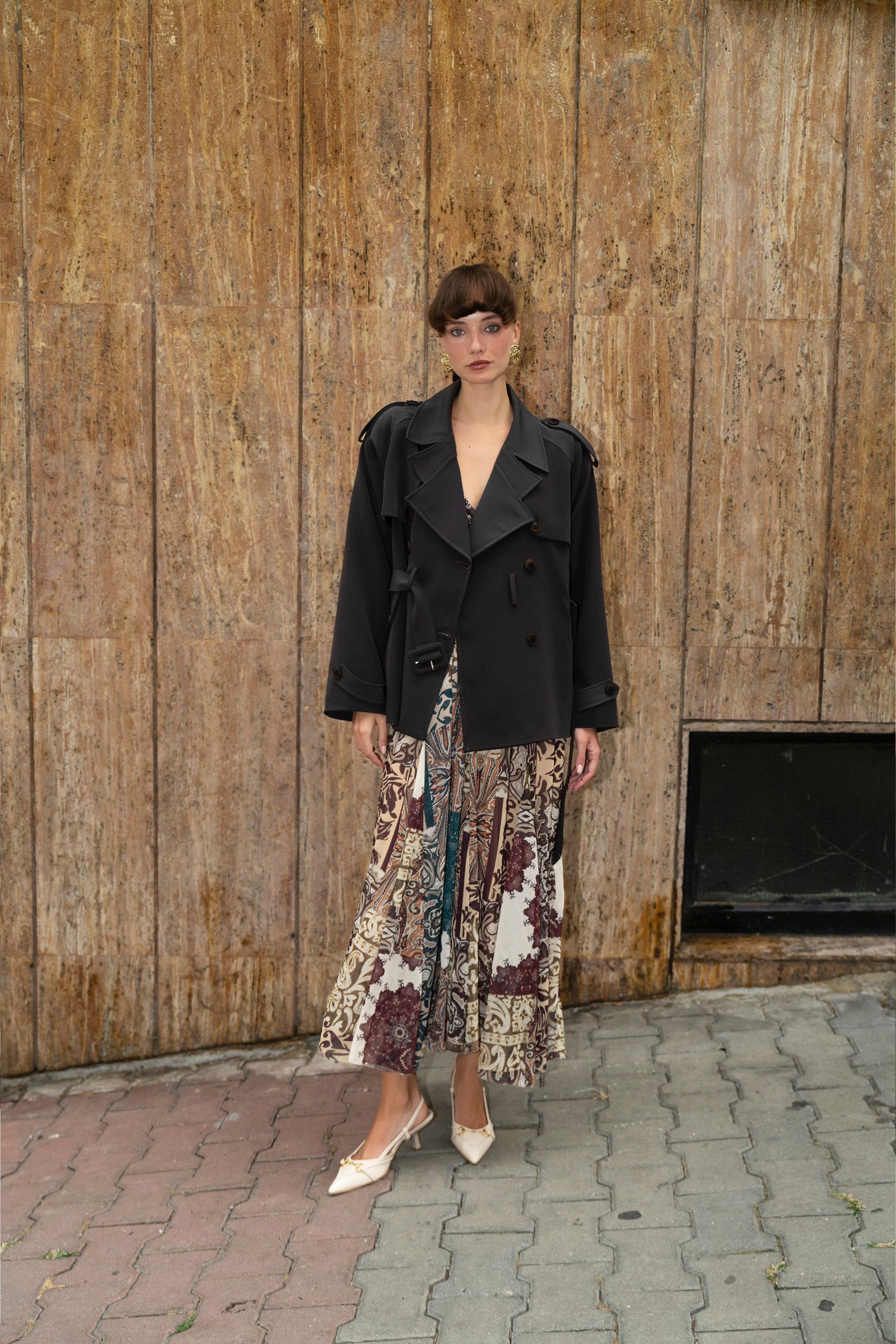 Trench court ceinturé à doublure rayé - Marron foncé