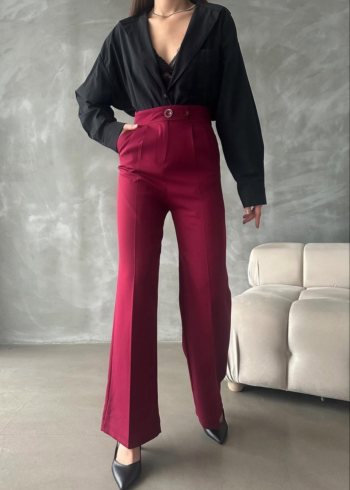 Pantalon Palazzo Taille Haute élégant - Rouge Bordeaux