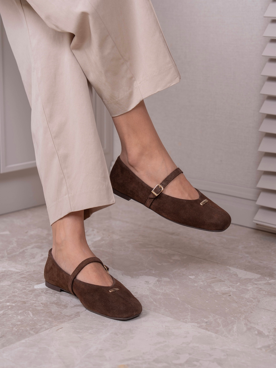 Chaussures ballerines femme cuir véritable marron style Mary Jane chic