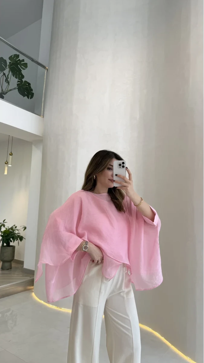 Blouse Rosalie Rose Poudré femme, fluide, aérienne, manches drapées, rose poudré, semi-transparent