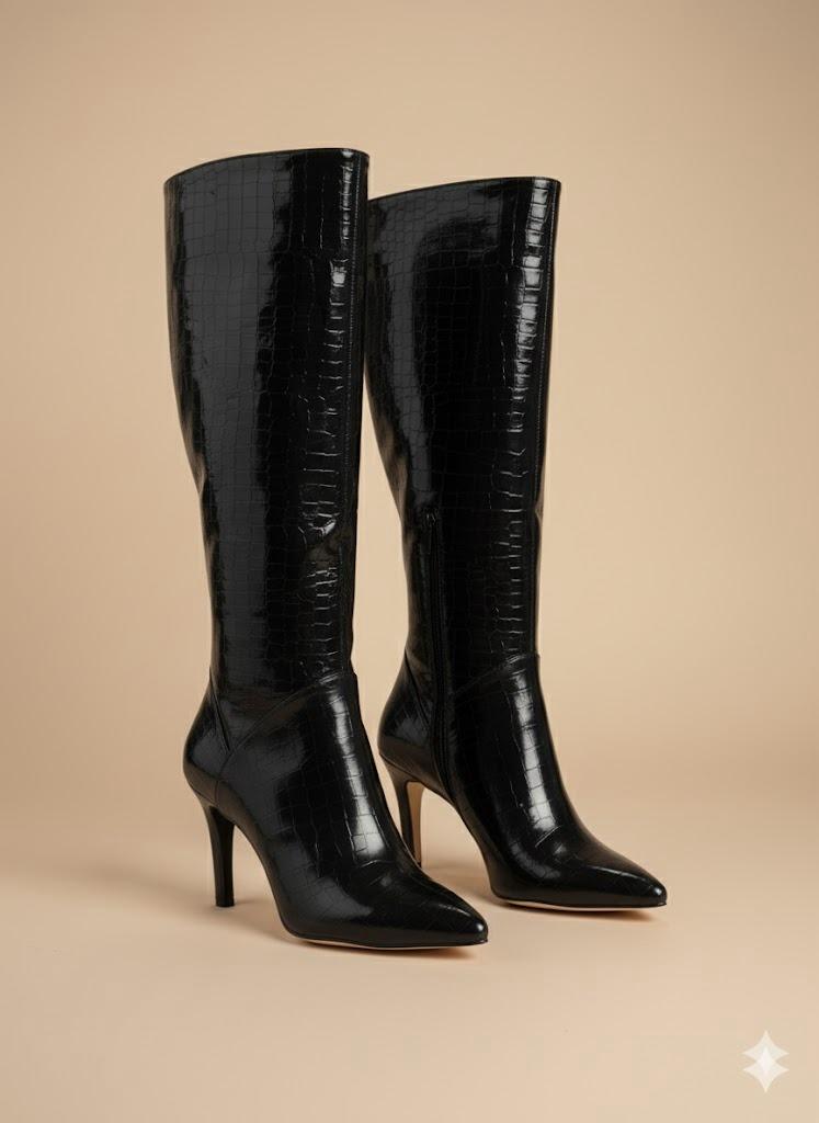 Bottes Hautes Noires Croco Verni à Talons – Classique Luxueux