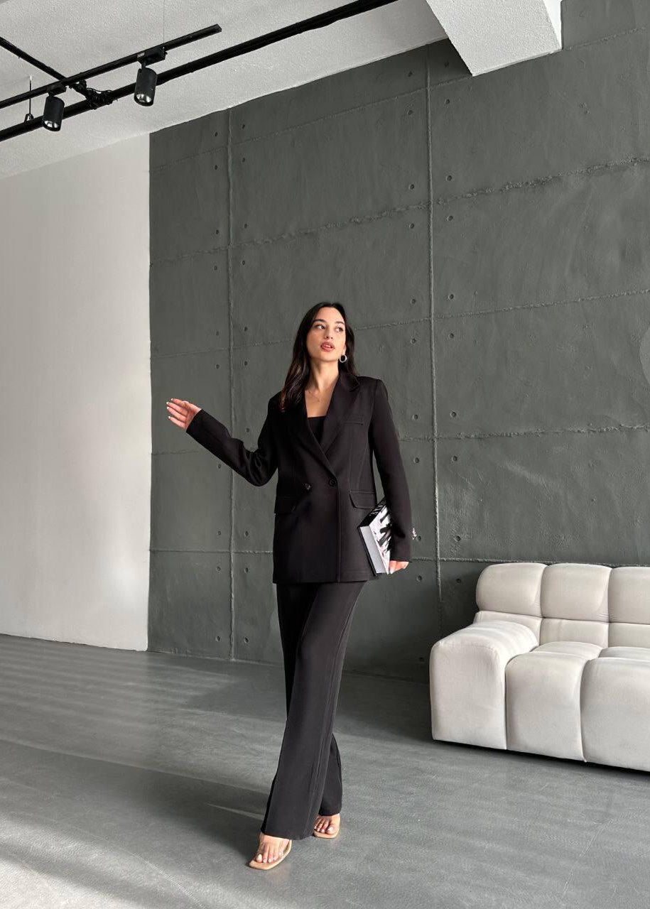 Ensemble tailleur / Veste droite et pantalon à taille élastique - Noir