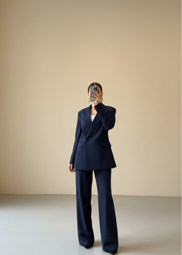 Ensemble tailleur / Veste croisée - Bleu nuit rayé