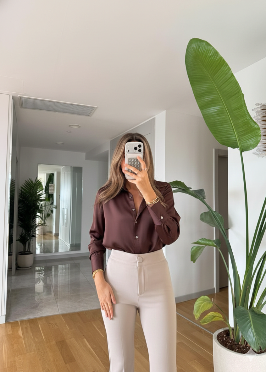 Chemise satiné - Marron chocolat