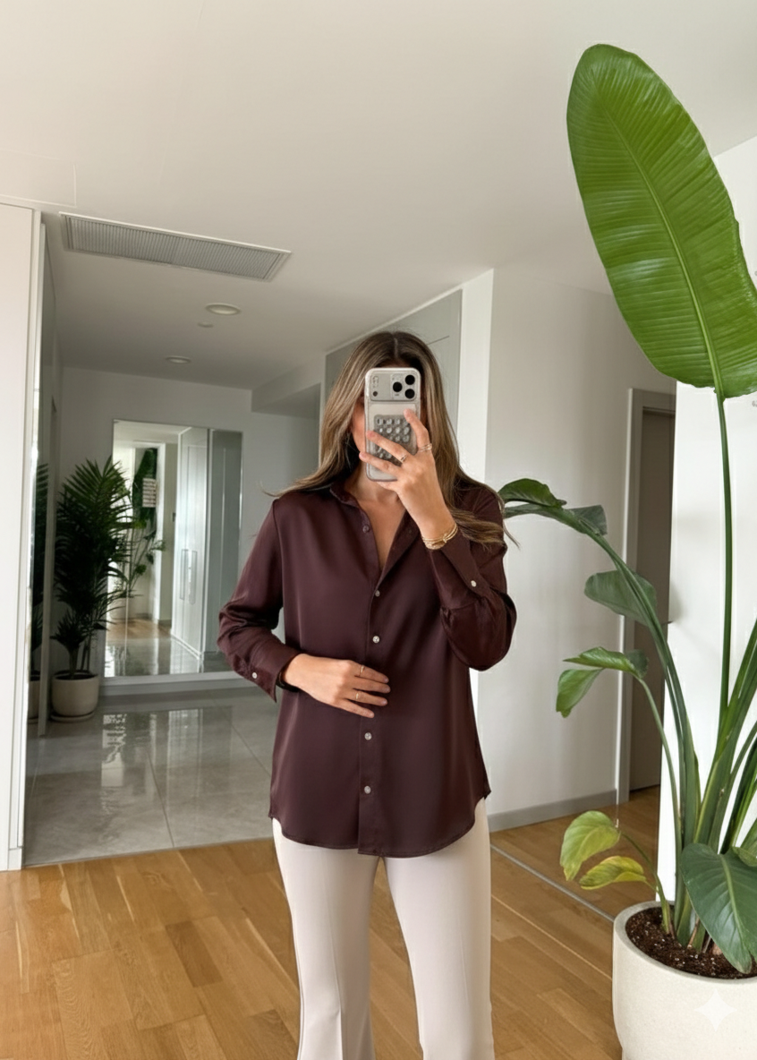 Chemise satiné - Marron chocolat