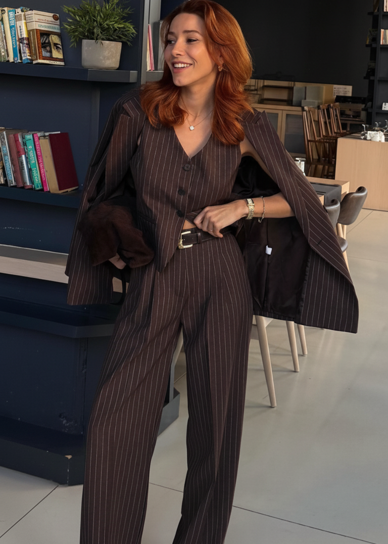 Ensemble tailleur 3 pièces - Marron rayé