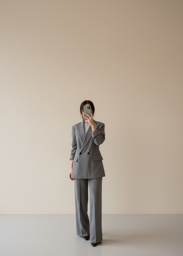 Ensemble tailleur / veste croisée - Gris foncé rayé