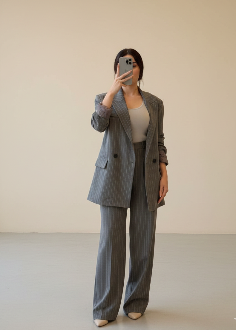 Ensemble tailleur / veste croisée - Gris foncé rayé