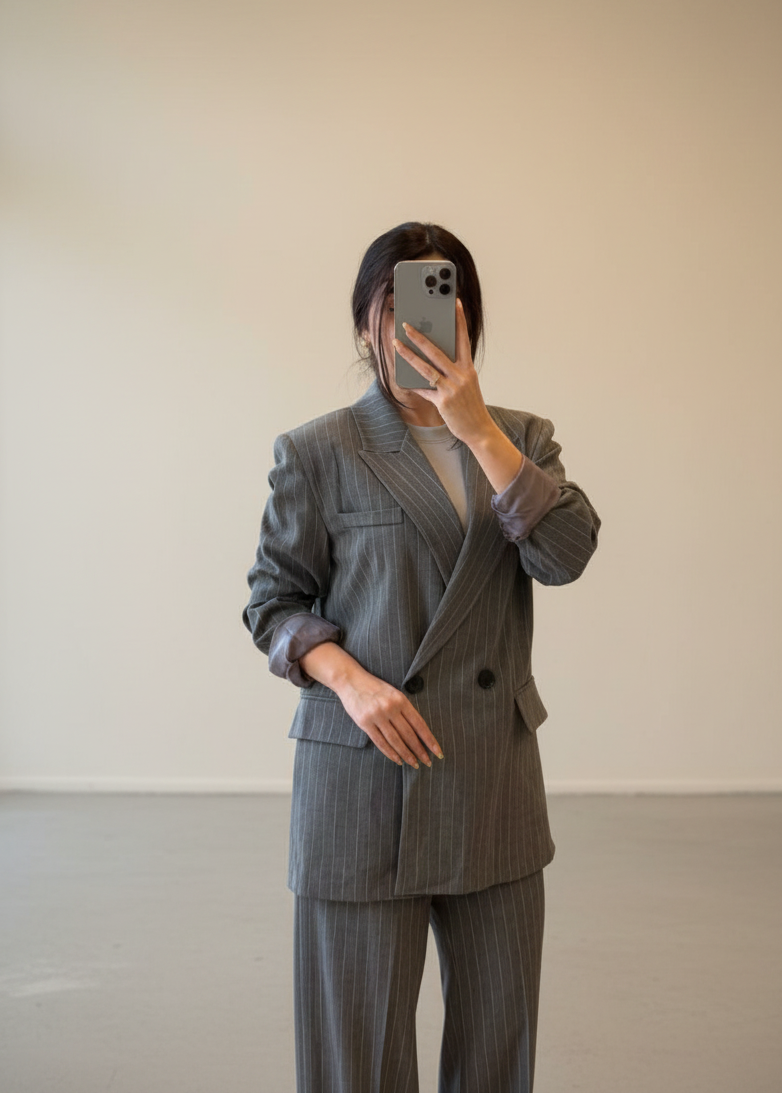 Ensemble tailleur / veste croisée - Gris foncé rayé