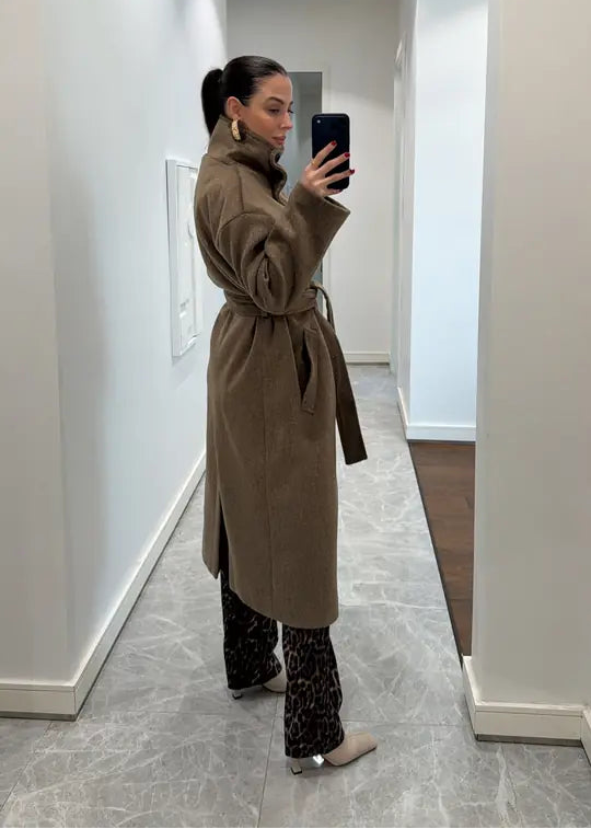 Manteau Long Ceinturé à Col Montant - Marron taupe