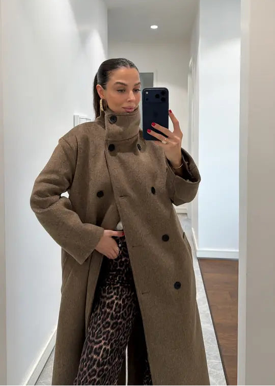 Manteau Long Ceinturé à Col Montant - Marron taupe