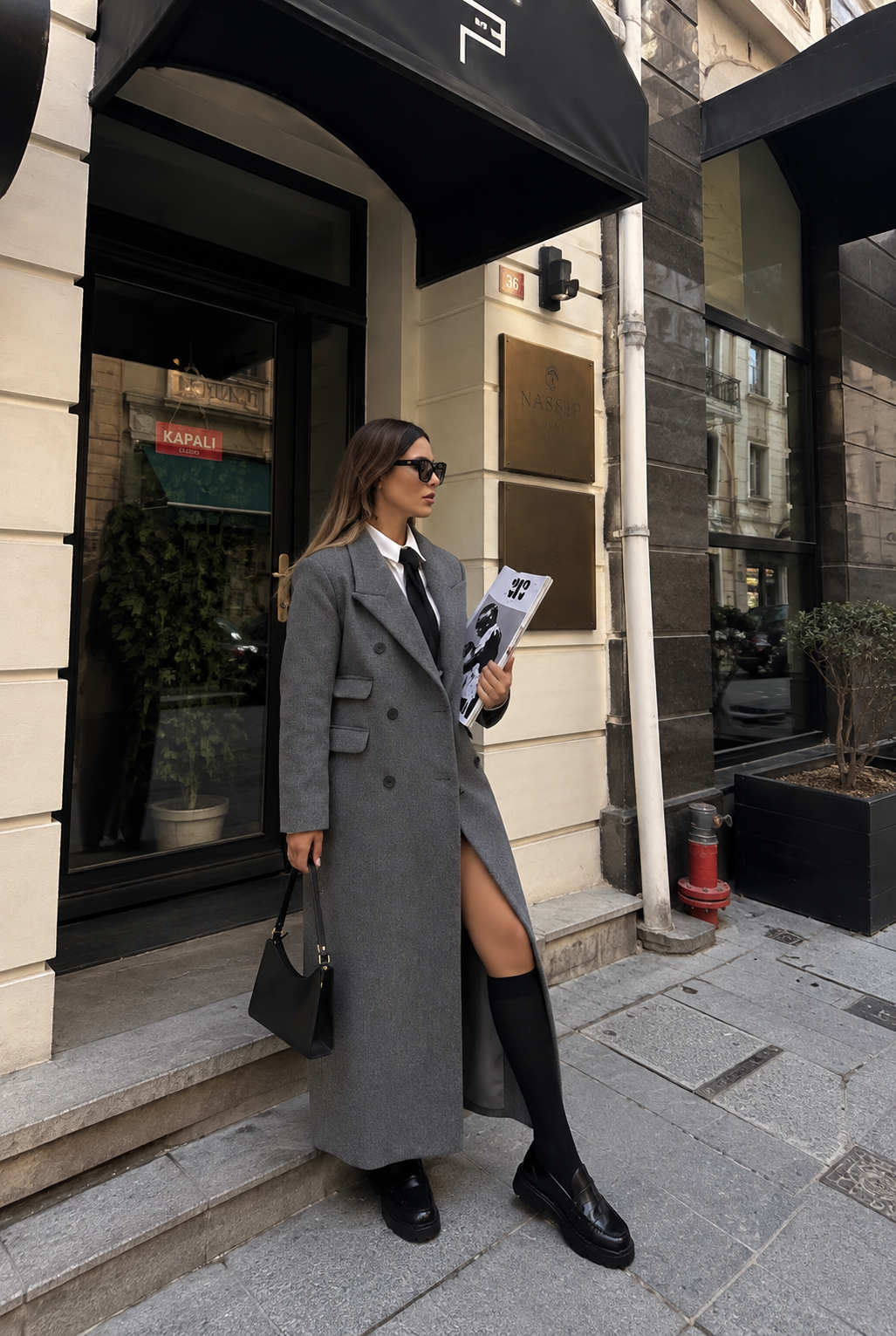 Manteau long droit en laine - Gris