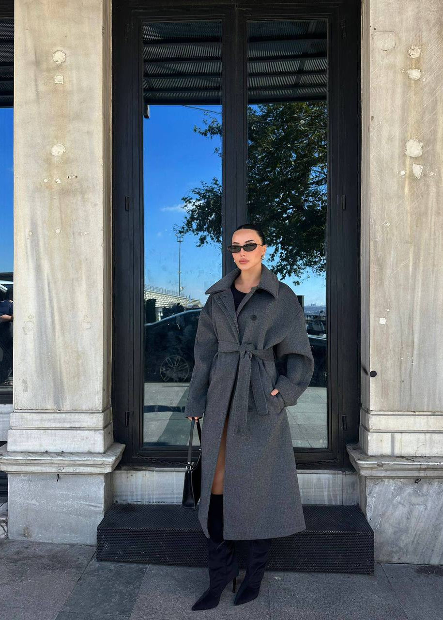 Manteau long oversize ceinturé - Gris