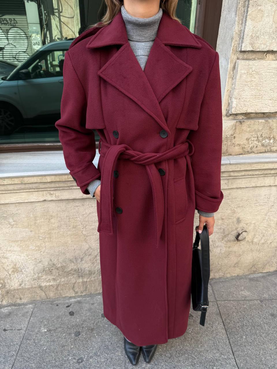 Manteau Trench Long en Laine - Bordeaux