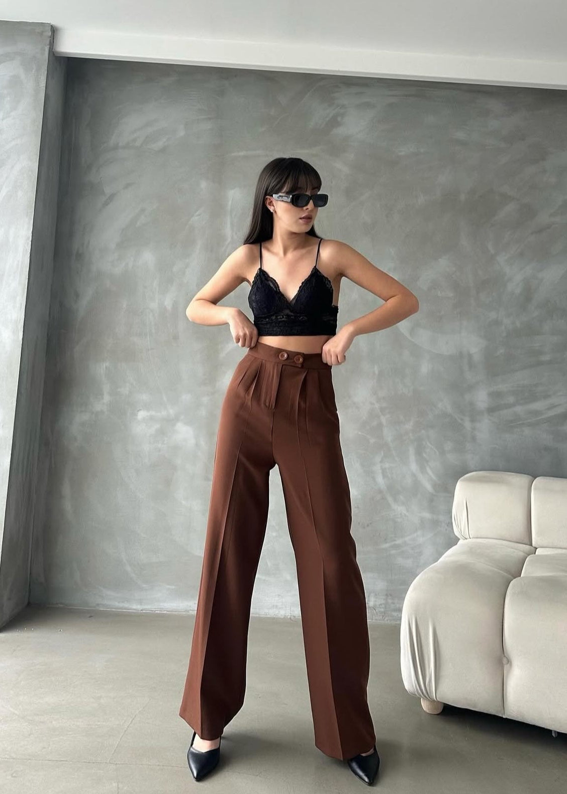 Pantalon Palazzo Taille Haute élégant - Marron chocolat