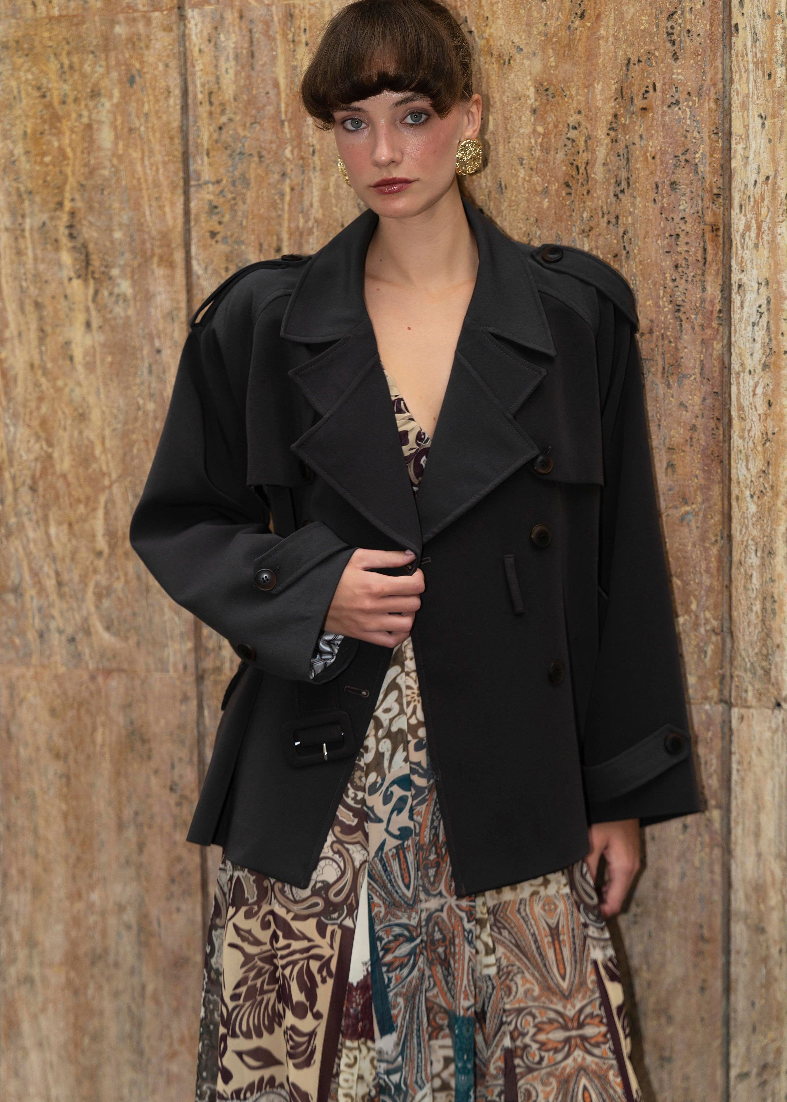 Trench court ceinturé à doublure rayé - Marron foncé