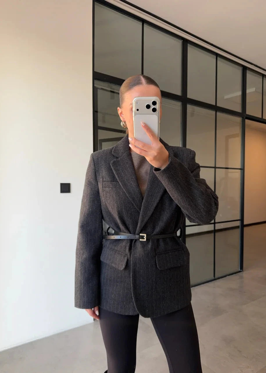 Veste ceinturée à fines rayures-Gris Charbon