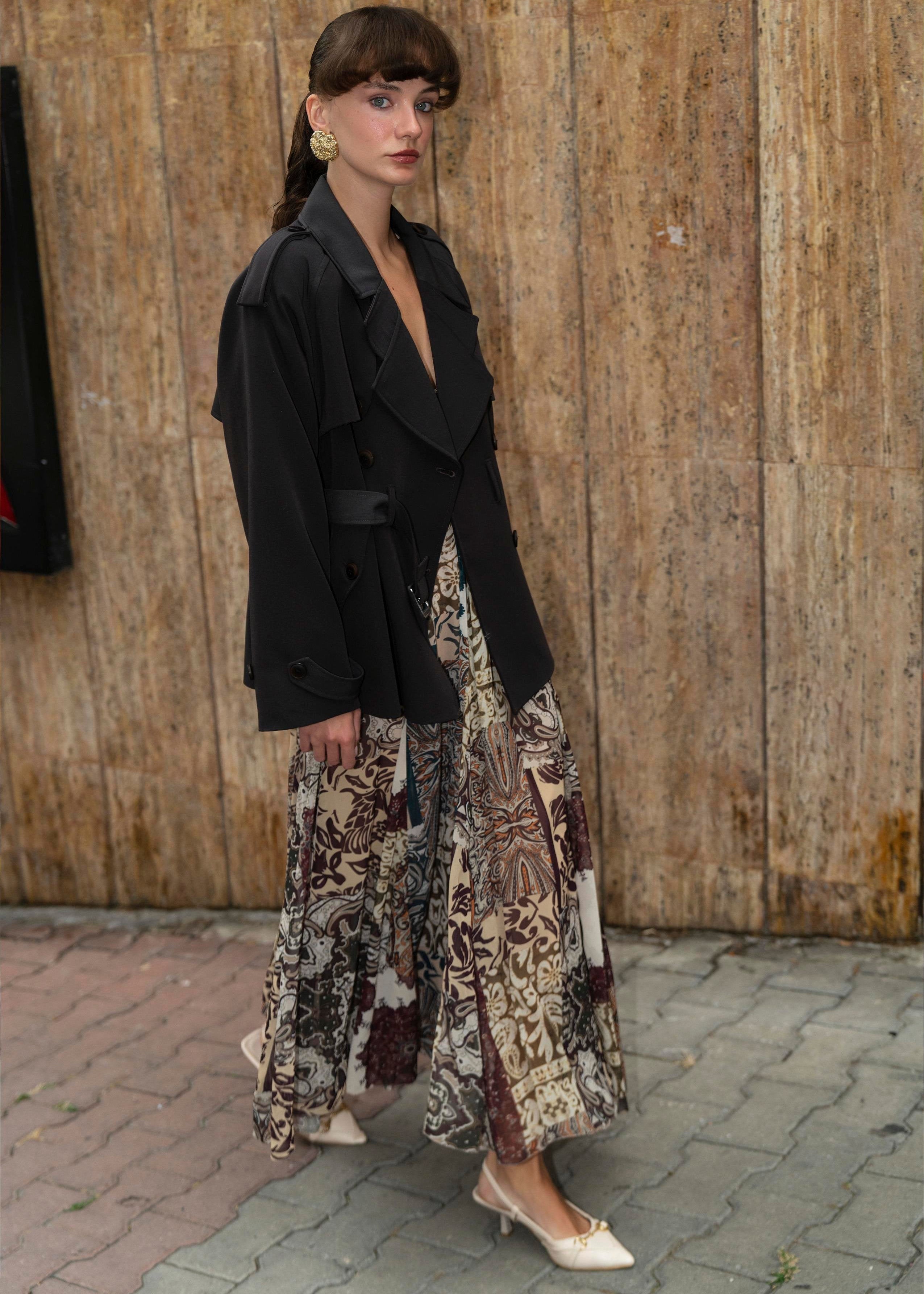 Trench court ceinturé à doublure rayé - Marron foncé