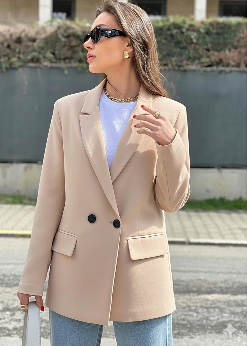 blazer femme beige, blazer oversize femme, blazer chic, blazer nude, veste de tailleur femme, blazer élégant, mode femme Maroc, Stockholm Fashion blazer, tenue de bureau femme, look casual chic femme, ensemble tailleur femme.