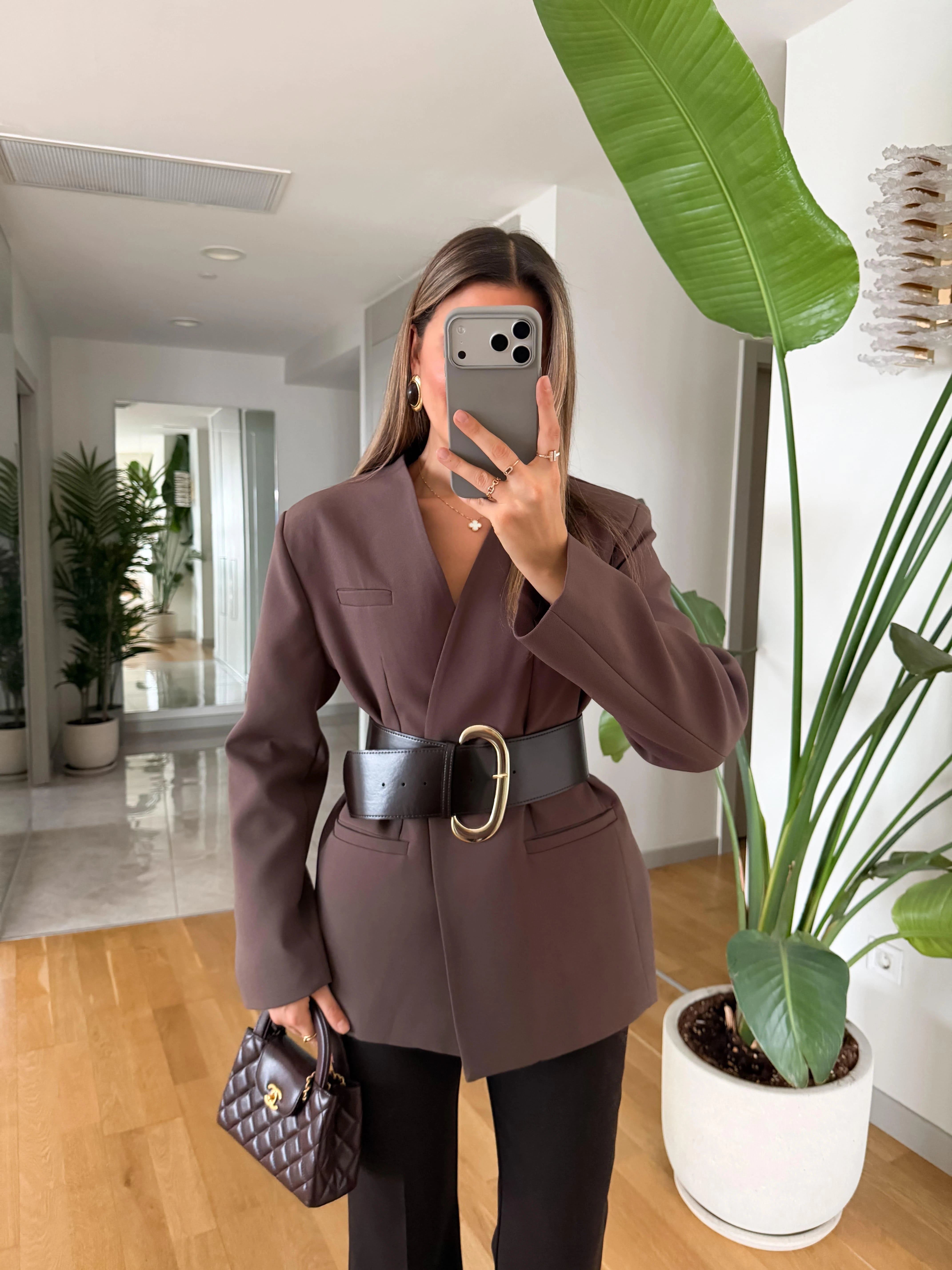 Blazer Héritage Espresso femme, oversized, ceinture dorée, brun espresso, structuré, premium