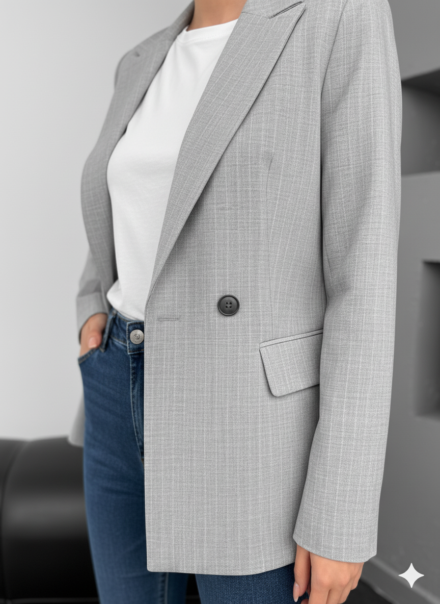 veste femme gris clair, blazer femme chic, veste élégante femme, blazer moderne, tenue de bureau femme, mode minimaliste, look élégant, Stockholm Fashion Maroc, veste automne 2025.