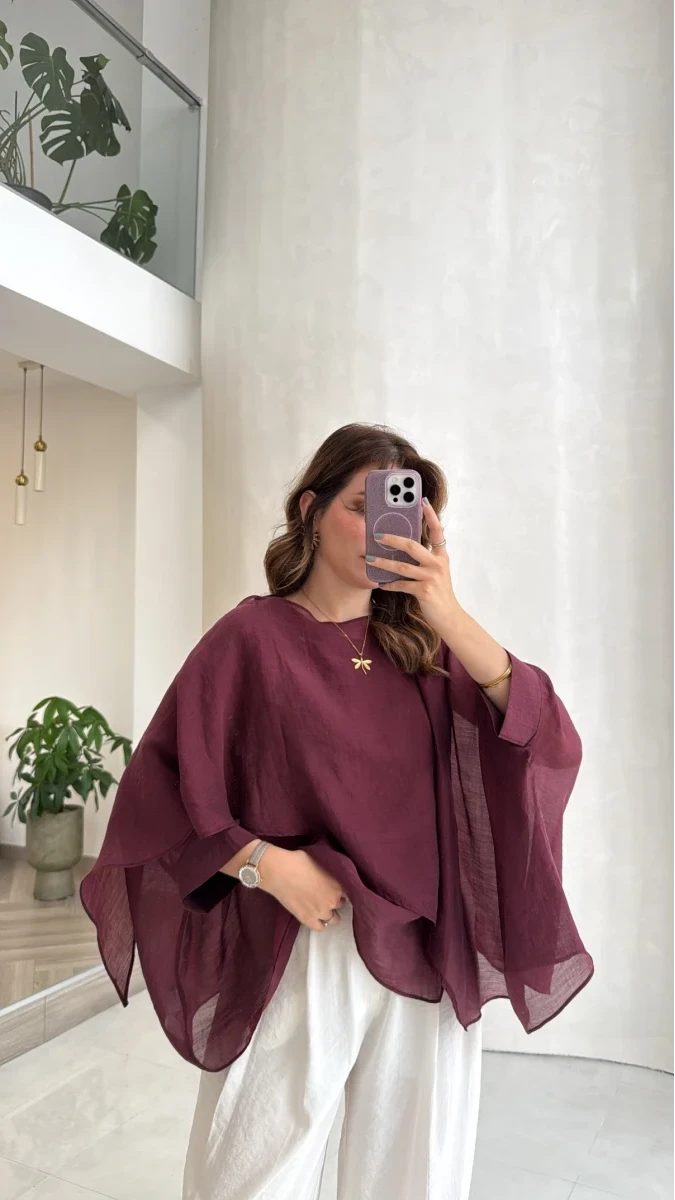 Blouse Sélène Bordeaux femme, oversize, fluide, manches drapées, bordeaux profond, semi-transparent