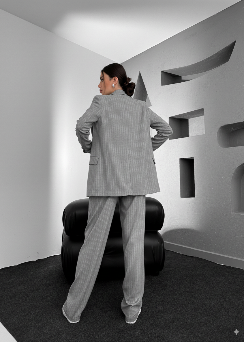 costume pour femme gris clair raye 3pc