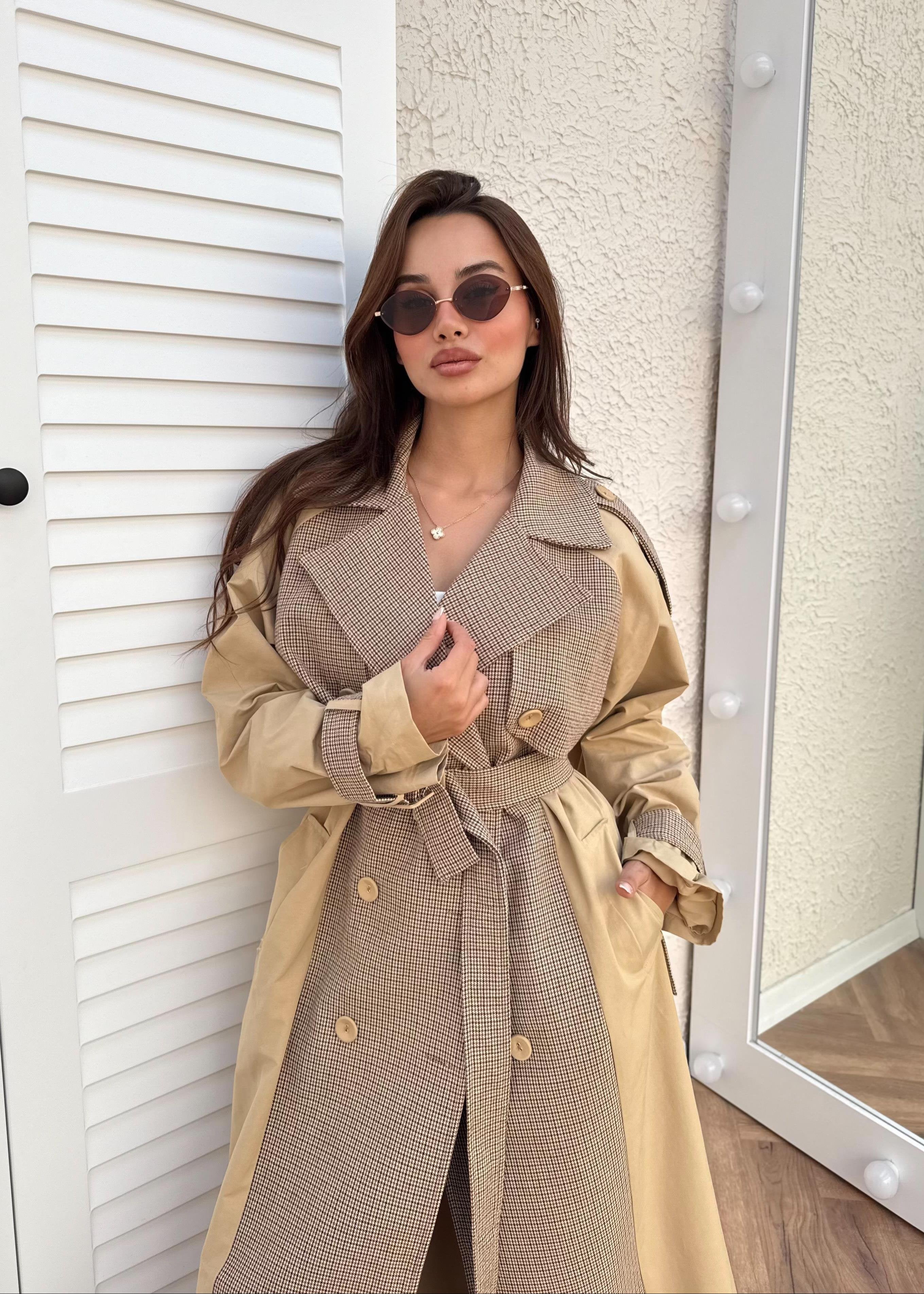 Trench-Coat à carreaux structurel - Camel