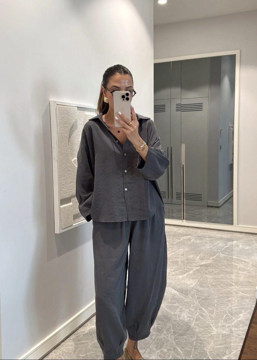 Ensemble Chemise Oversize, Pantalon Ample - Greige