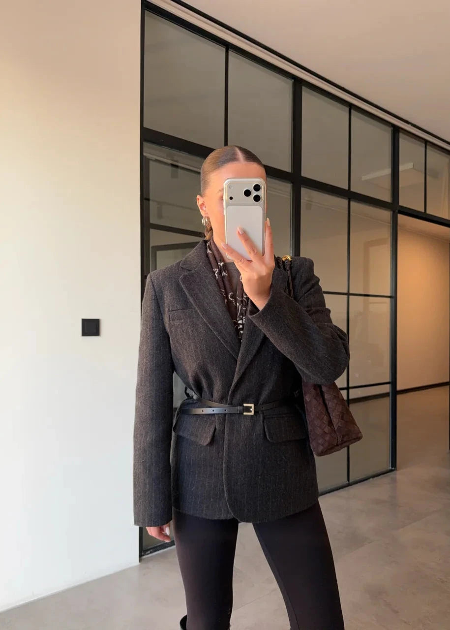 Veste ceinturée à fines rayures-Gris Charbon