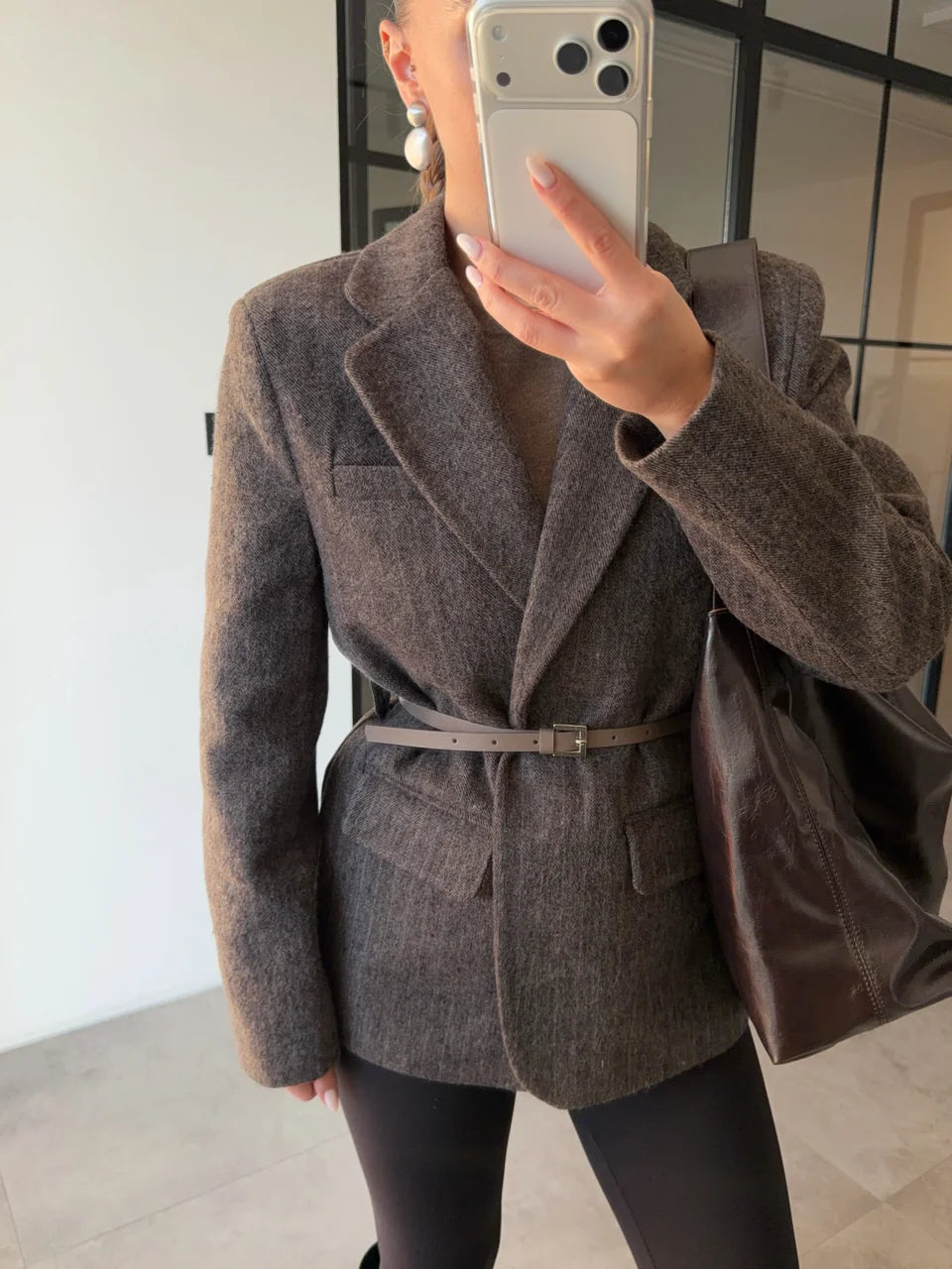 Veste ceinturée à fines rayures - Marron