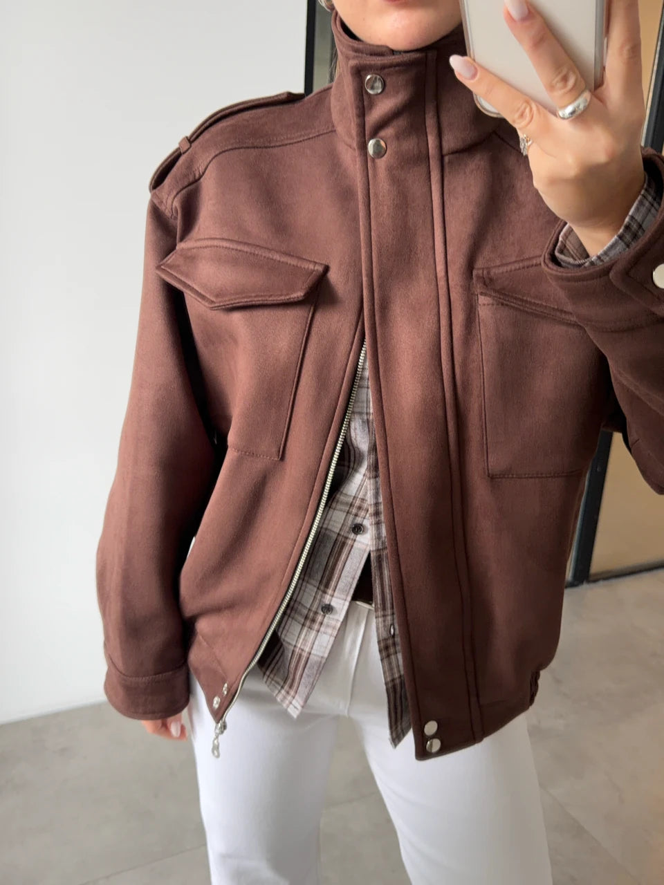 Blouson Bomber en Daim à Col Montant - Marron
