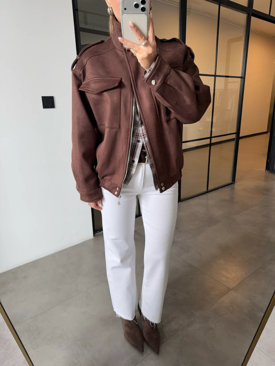 Blouson Bomber en Daim à Col Montant - Marron