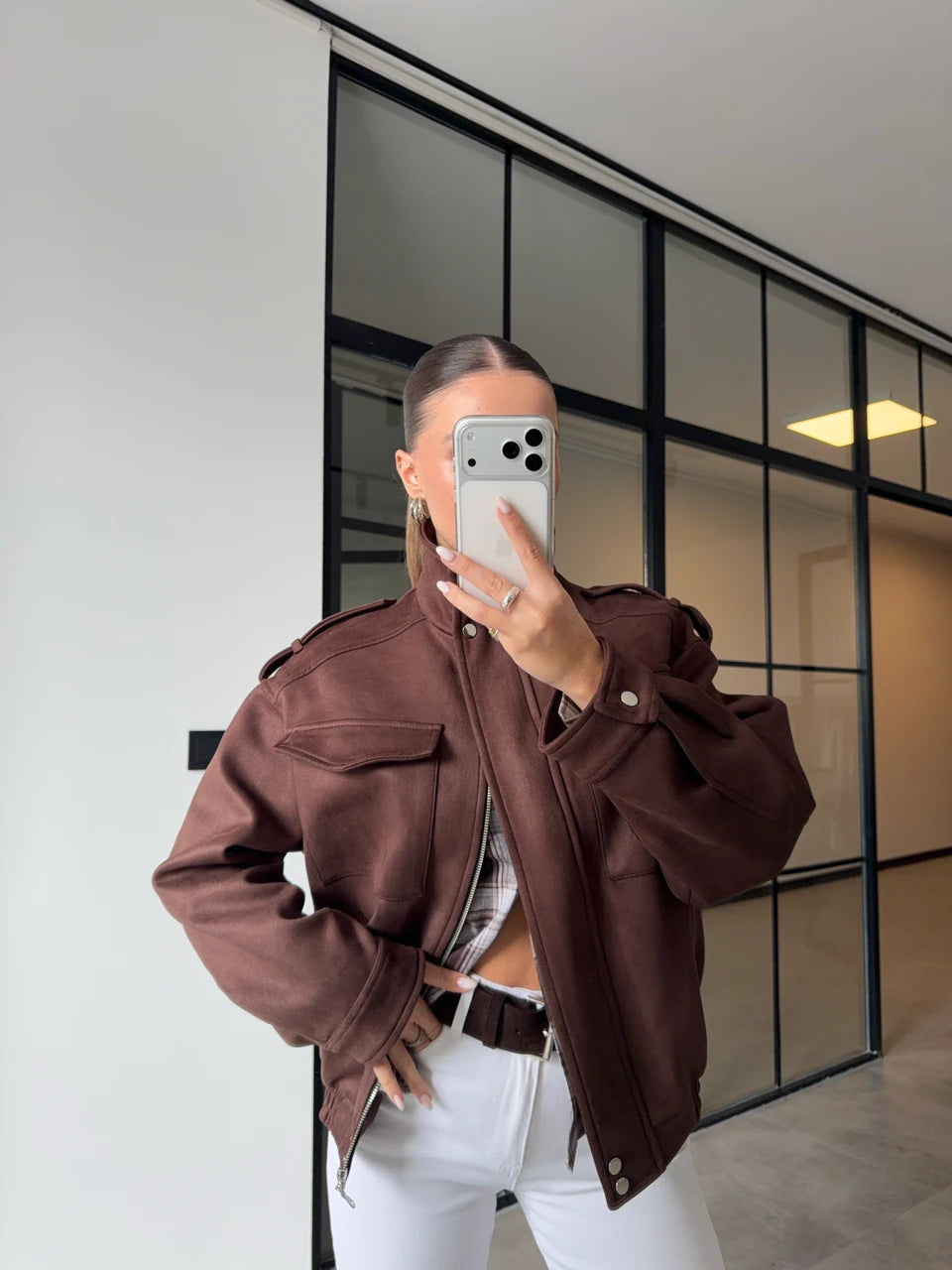 Blouson Bomber en Daim à Col Montant - Marron