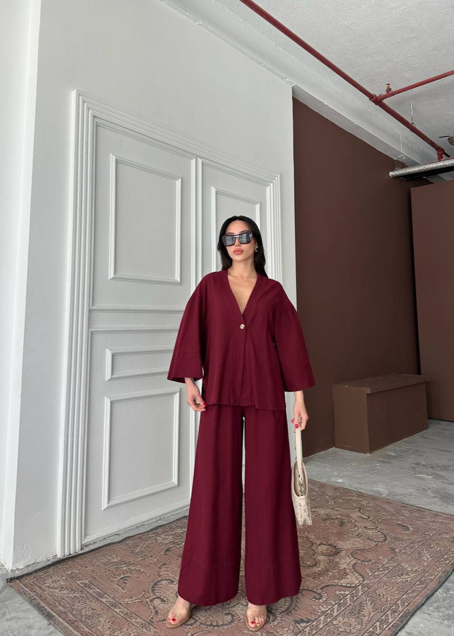 Ensemble Kimono / Pantalon Large - Rouge Bordeaux