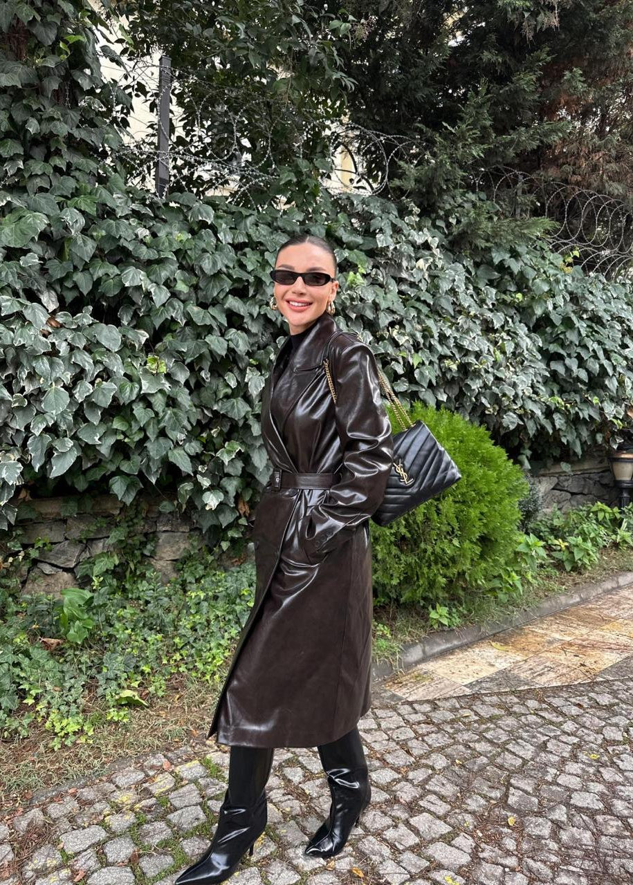 Trench Long en Similicuir Marron Foncé