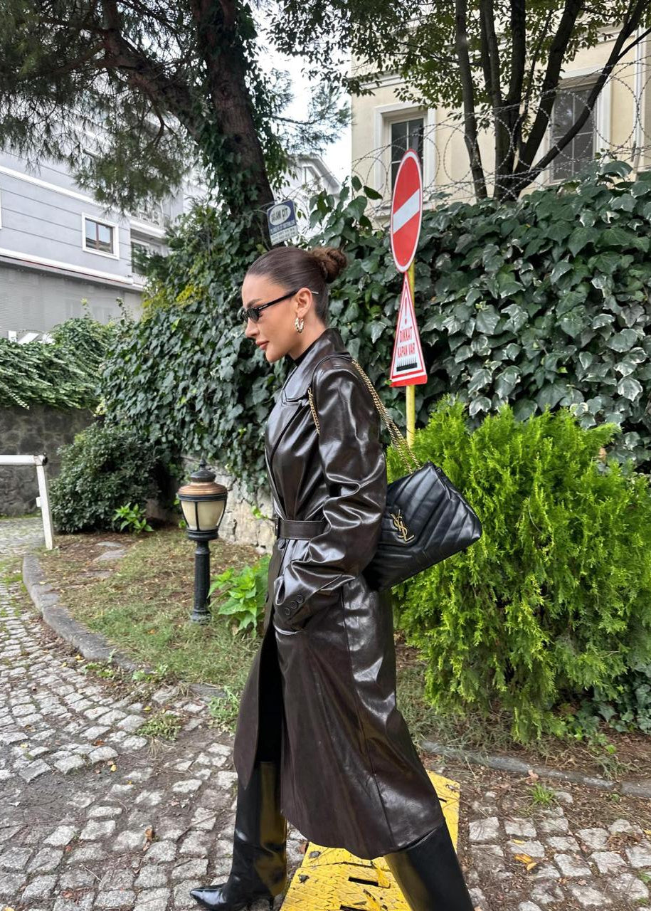 Trench Long en Similicuir Marron Foncé