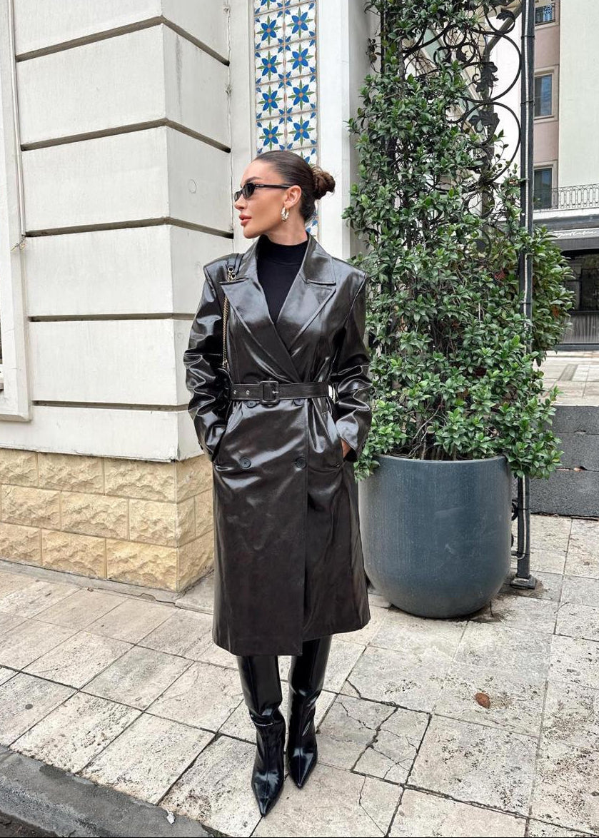 Trench Long en Similicuir-marron