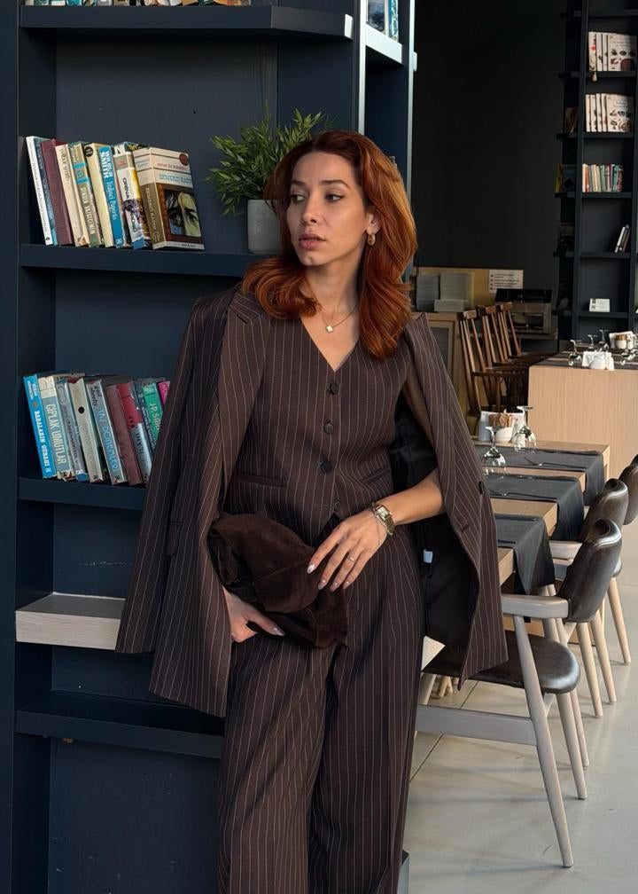Ensemble tailleur 3 pièces - Marron rayé