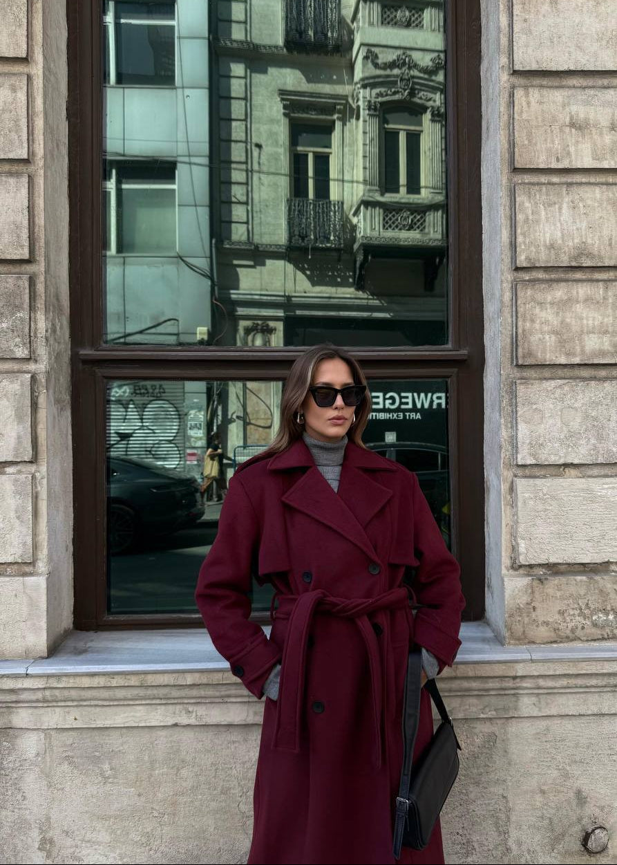 Manteau Trench Long en Laine - Bordeaux