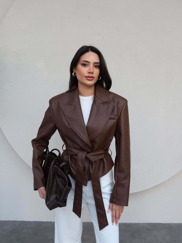 Jacket ceinturé en similicuir - Marron