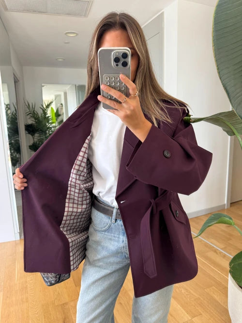 Trench court ceinturé à doublure rayé - Bordeaux