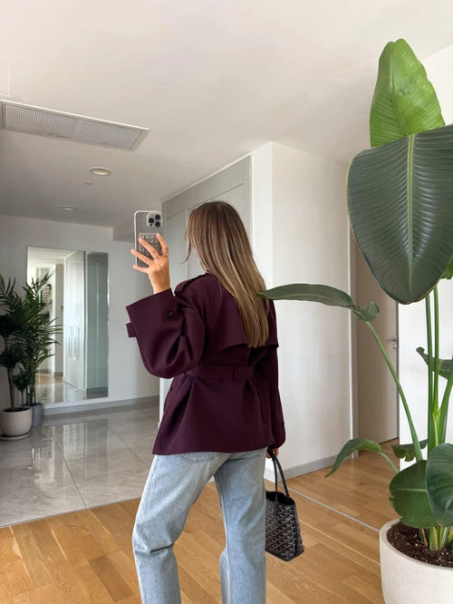 Trench court ceinturé à doublure rayé - Bordeaux