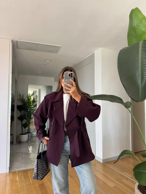 Trench court ceinturé à doublure rayé - Bordeaux