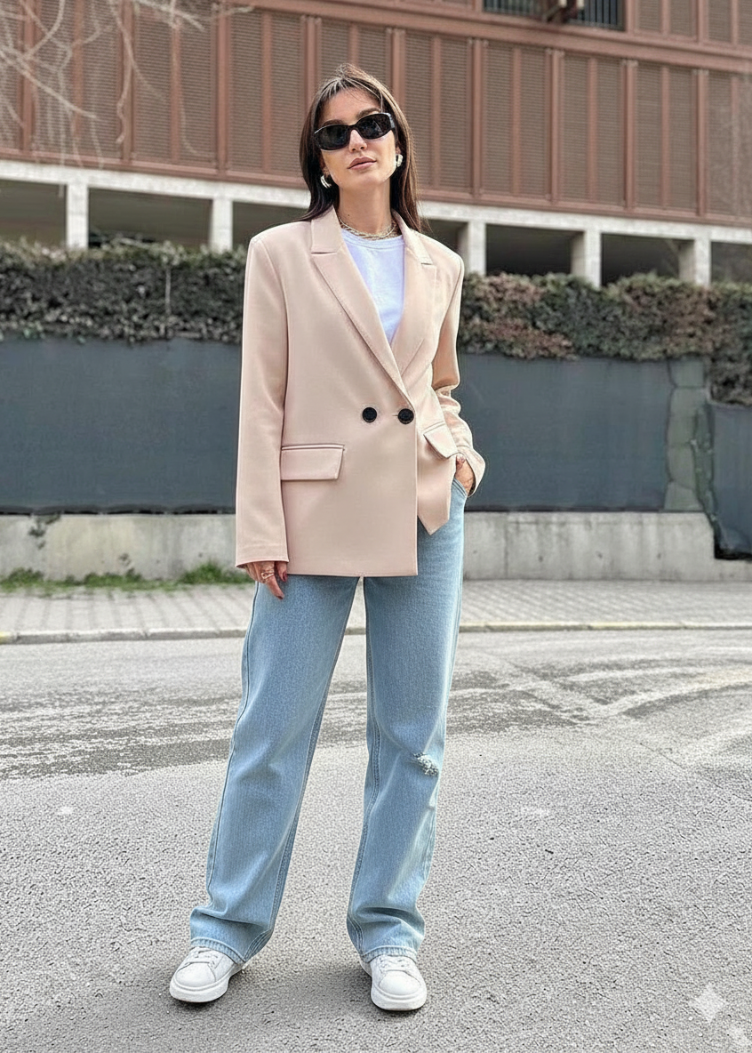 blazer femme beige, blazer oversize femme, blazer chic, blazer nude, veste de tailleur femme, blazer élégant, mode femme Maroc, Stockholm Fashion blazer, tenue de bureau femme, look casual chic femme